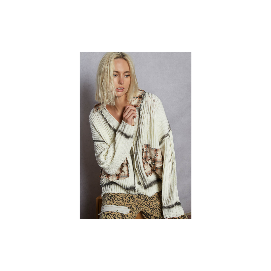 POL Long Sleeve Contrast Plaid Pockets Detail Sweater Cardigan