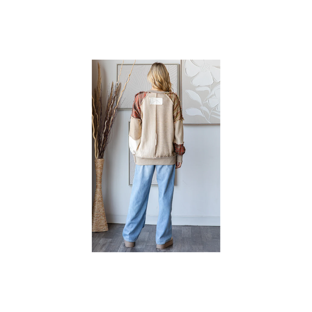 Oli & Hali WASHED PLAID MIX PATCHWORK PULLOVER KNIT TOP