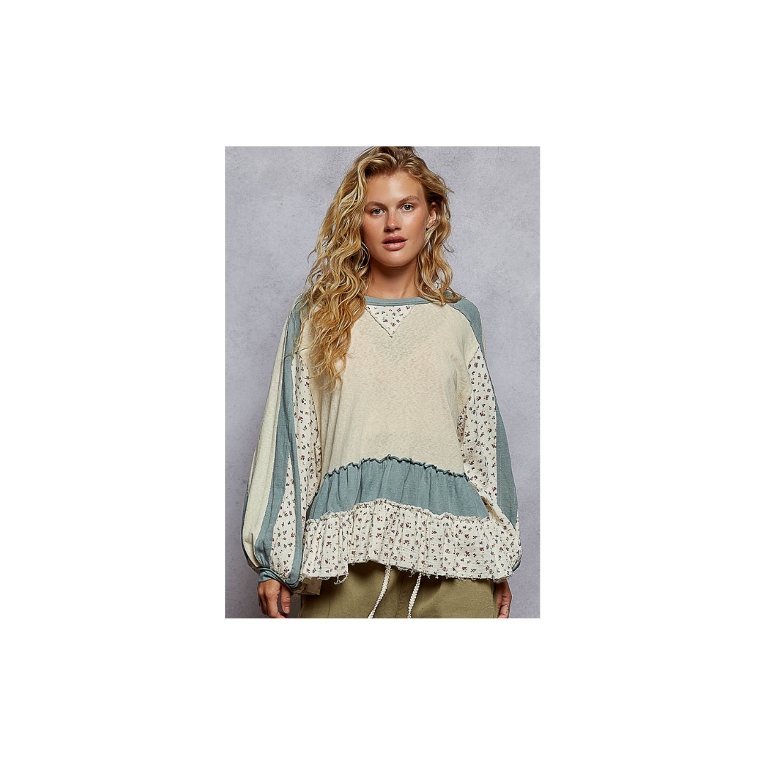 POL Round Neck Balloon Sleeve Ruffle Top