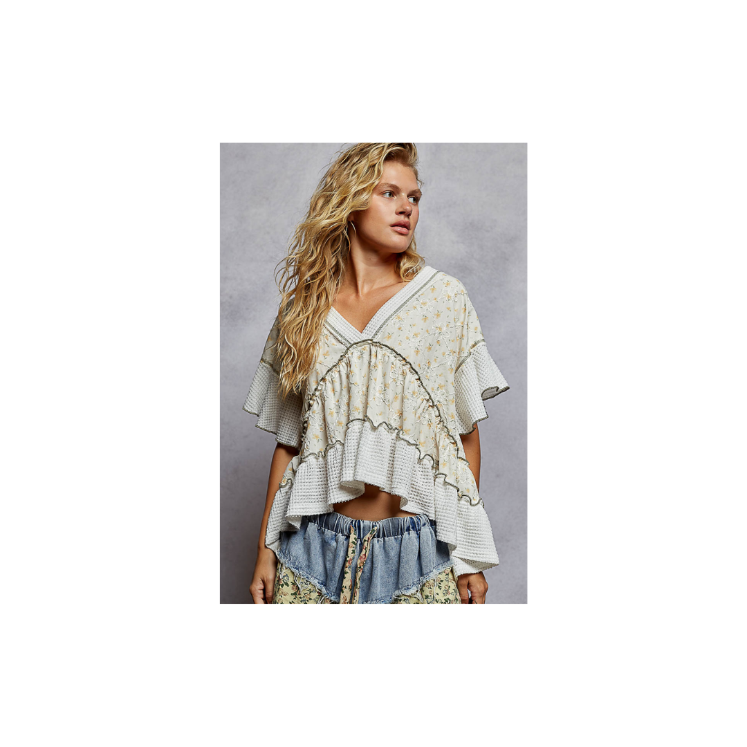 POL Ivory & Printed Ruffle Top