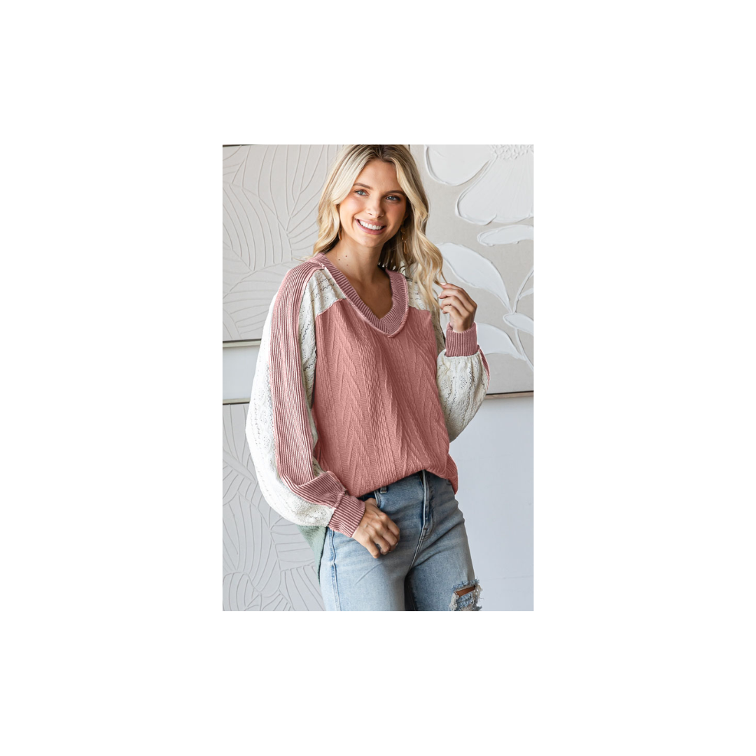 Cable Knit Color Block V Neck Long Sleeve Top