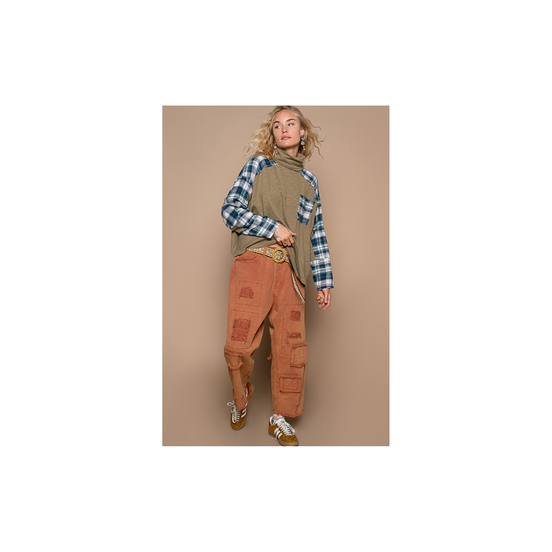 POL Turtle Neck Long Sleeve Plaid Contrast Solid Top