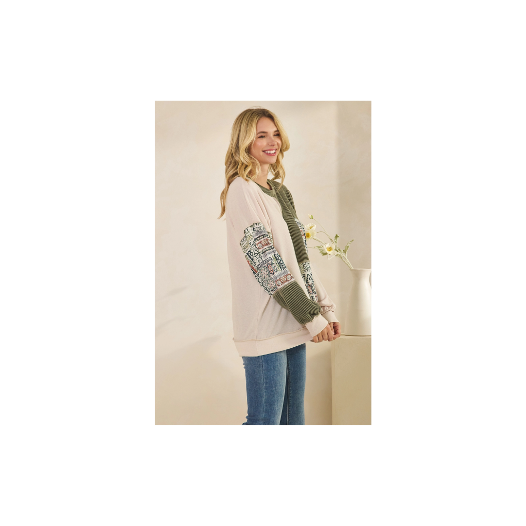 Patchwork Knit Long Sleeve Pullover Top