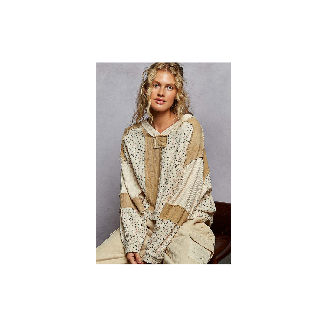 POL Long Sleeve Printed Double Gauze Woven Contrast Knit Top