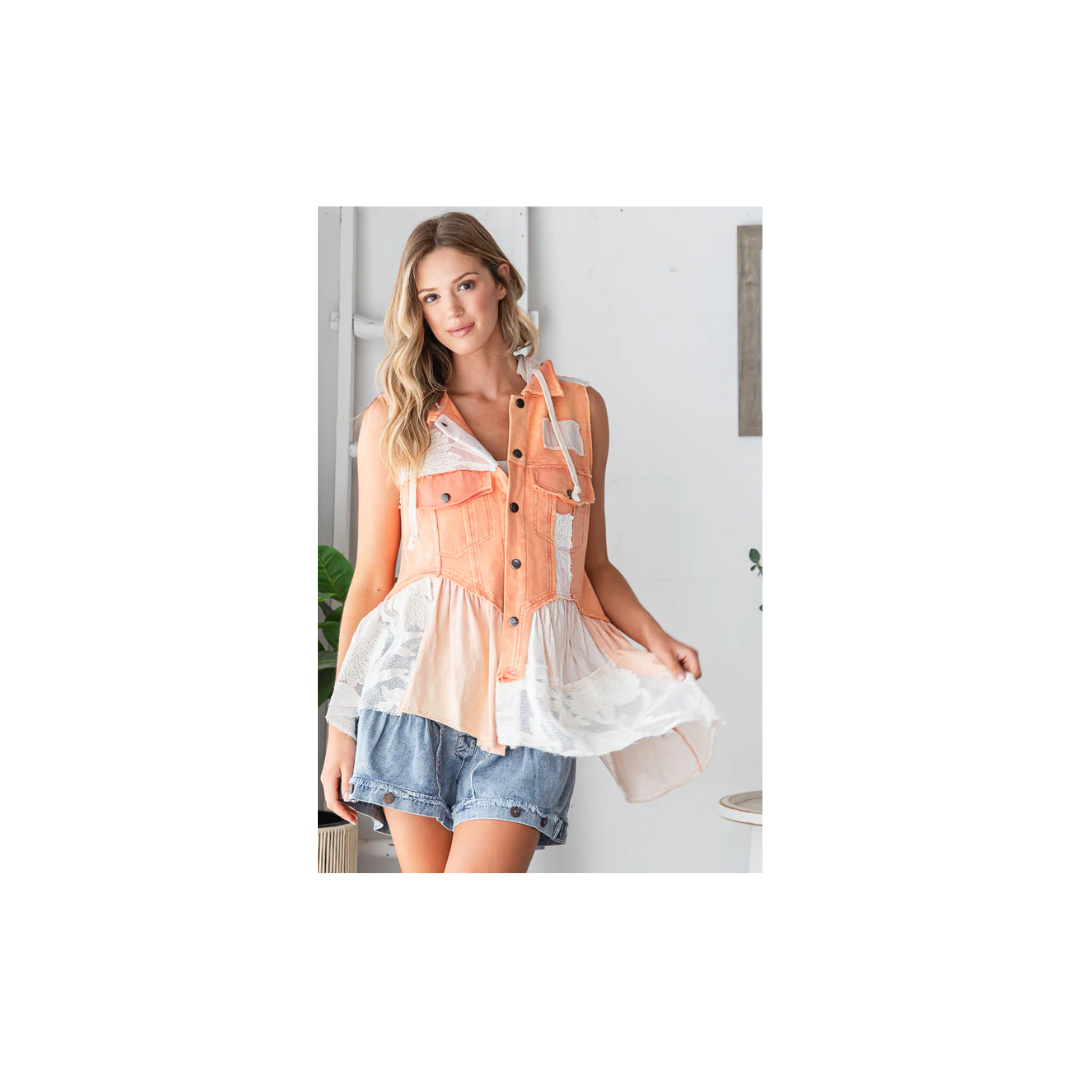 Oli & Hali WASHED MIX MEDIA RUFFLE FLARE HEM HOODED VEST TOP