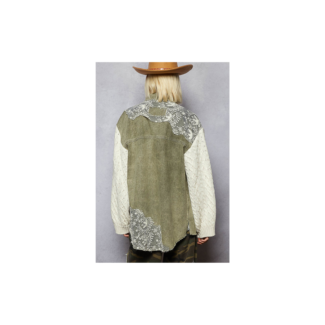 POL Lace Patchwork Button Shacket