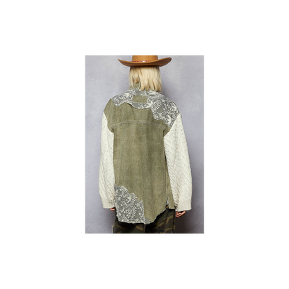POL Lace Patchwork Button Shacket