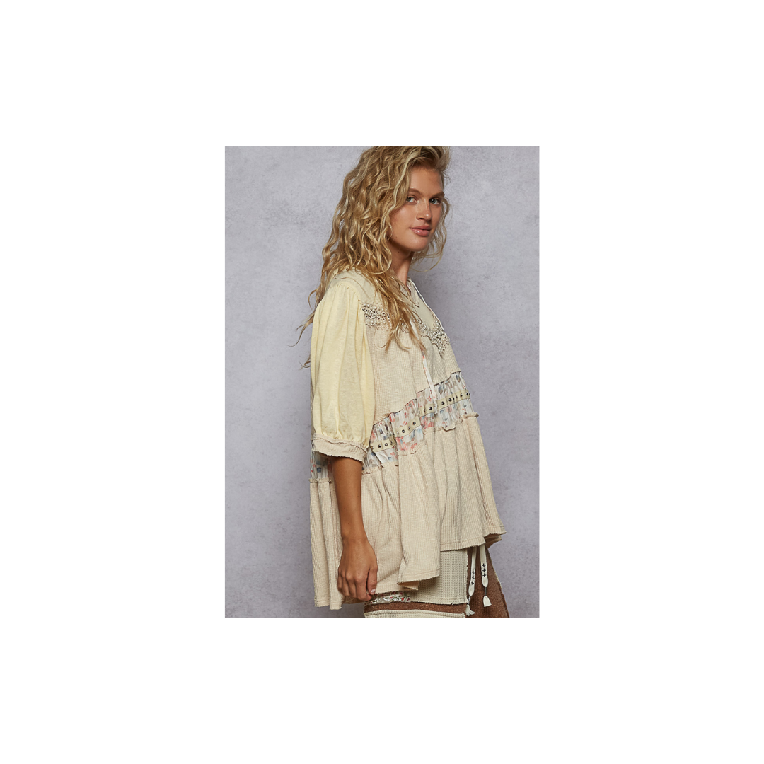 POL V-Neck Balloon Sleeve Ruffle Hoodie Knit Solid Top