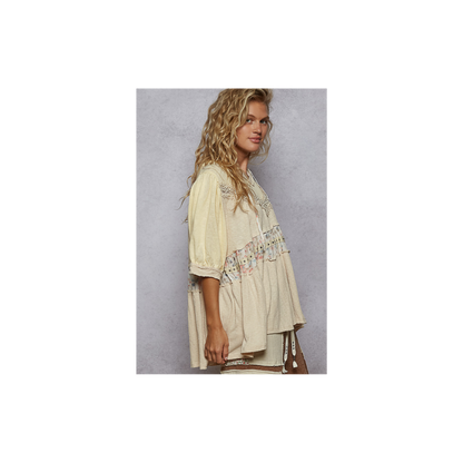 POL V-Neck Balloon Sleeve Ruffle Hoodie Knit Solid Top