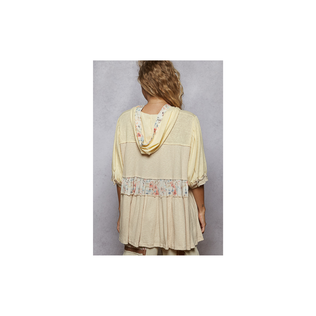 POL V-Neck Balloon Sleeve Ruffle Hoodie Knit Solid Top