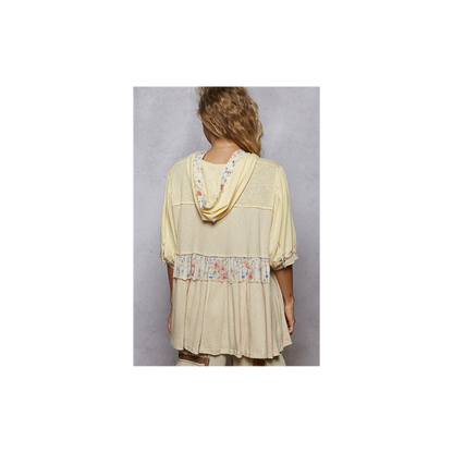 POL V-Neck Balloon Sleeve Ruffle Hoodie Knit Solid Top