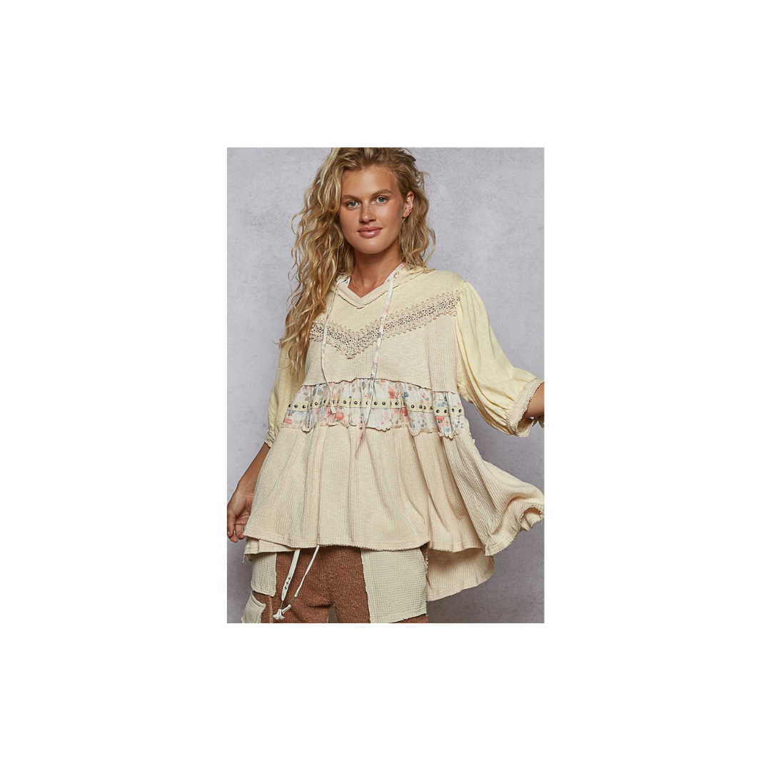 POL V-Neck Balloon Sleeve Ruffle Hoodie Knit Solid Top