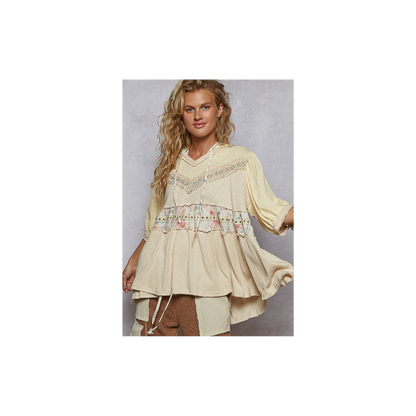 POL V-Neck Balloon Sleeve Ruffle Hoodie Knit Solid Top