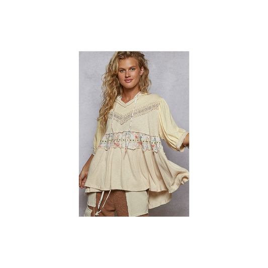 POL V-Neck Balloon Sleeve Ruffle Hoodie Knit Solid Top