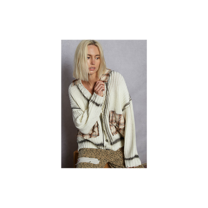 POL Long Sleeve Contrast Plaid Pockets Detail Sweater Cardigan