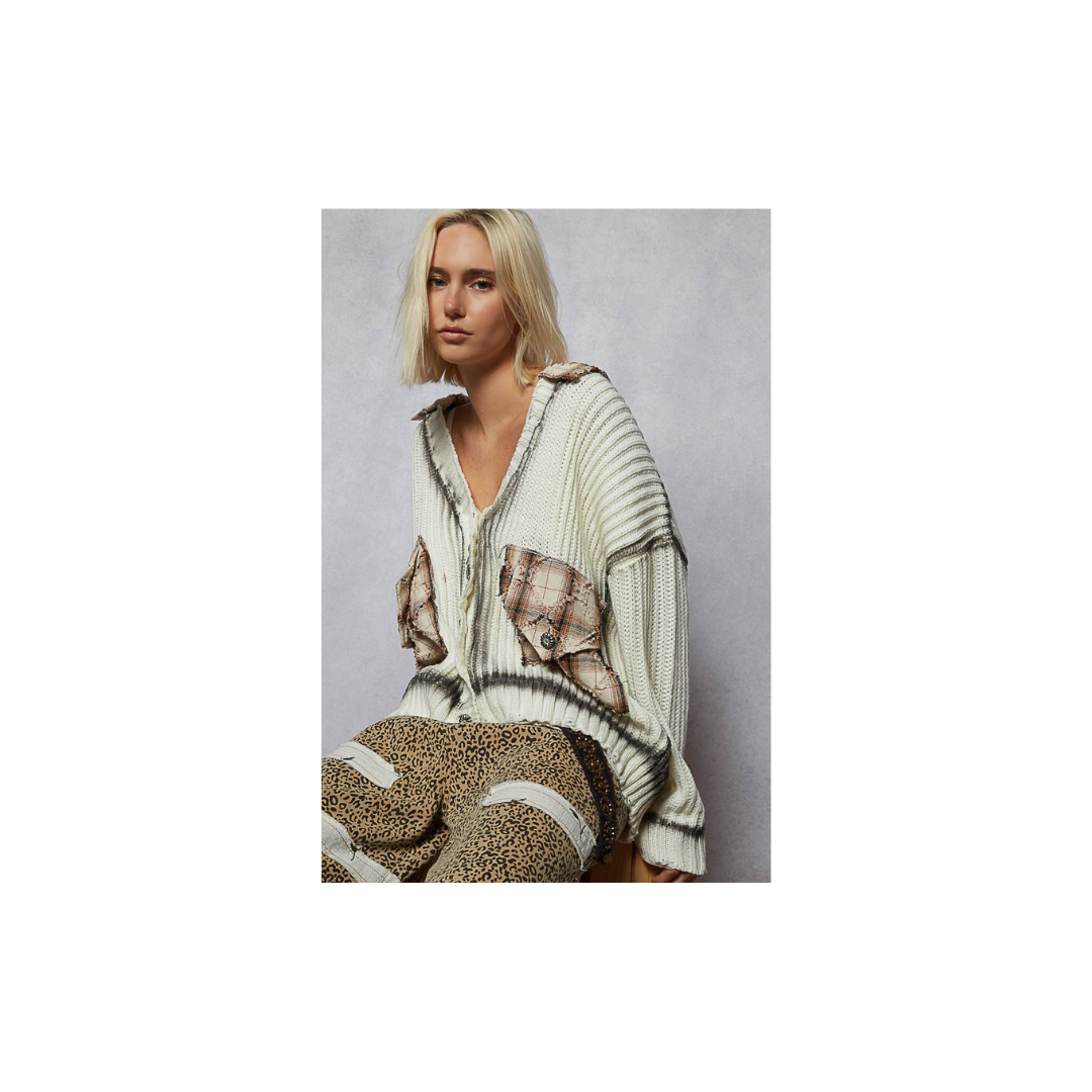 POL Long Sleeve Contrast Plaid Pockets Detail Sweater Cardigan