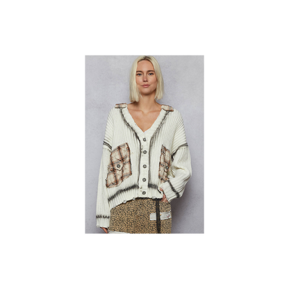 POL Long Sleeve Contrast Plaid Pockets Detail Sweater Cardigan