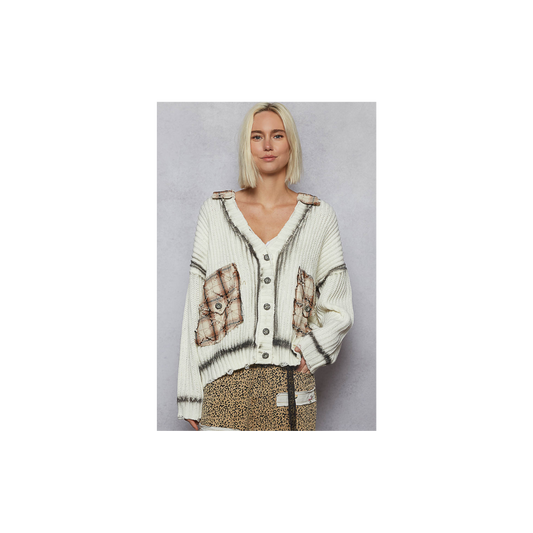 POL Long Sleeve Contrast Plaid Pockets Detail Sweater Cardigan