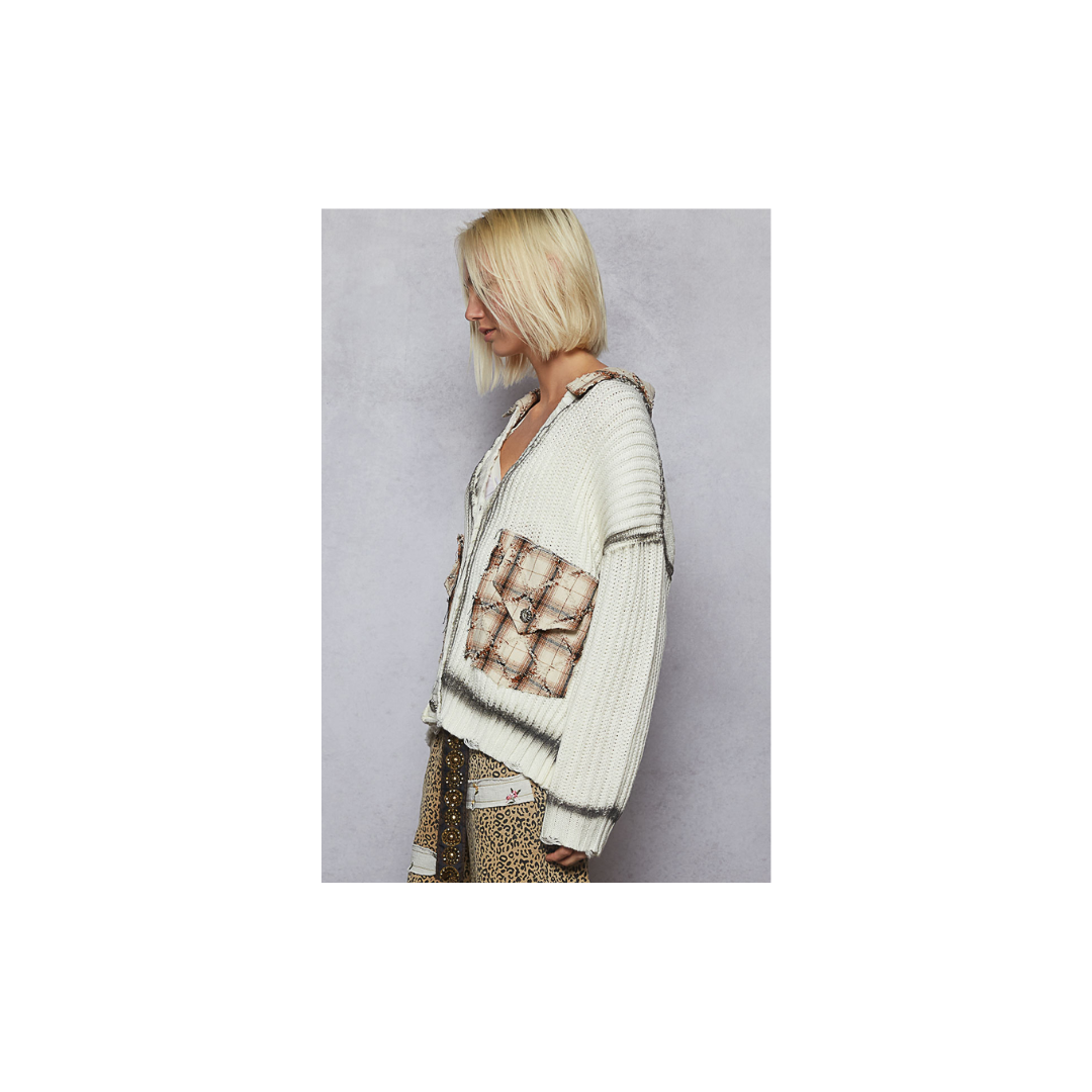 POL Long Sleeve Contrast Plaid Pockets Detail Sweater Cardigan