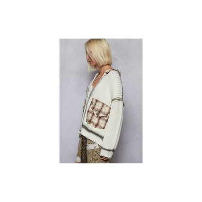 POL Long Sleeve Contrast Plaid Pockets Detail Sweater Cardigan