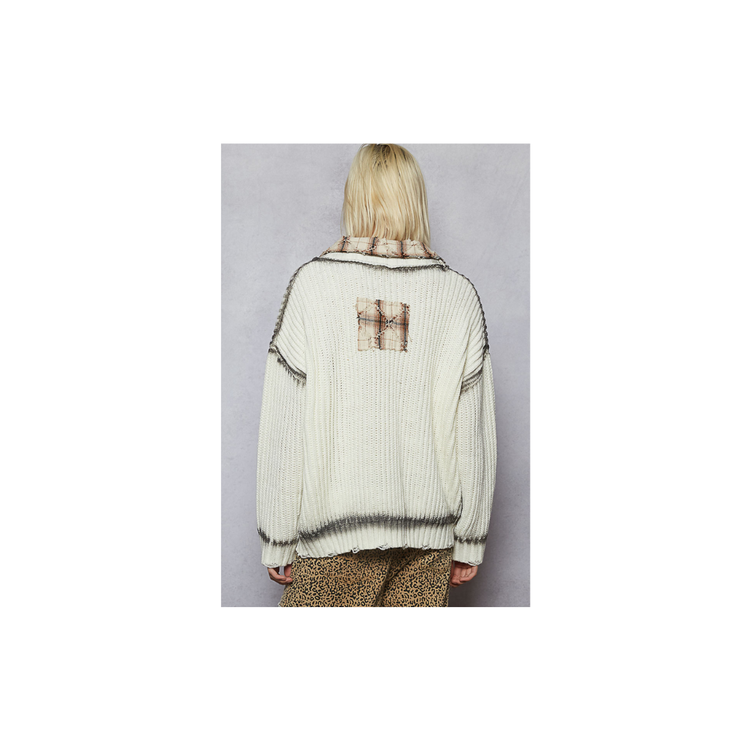 POL Long Sleeve Contrast Plaid Pockets Detail Sweater Cardigan