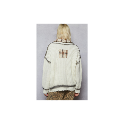 POL Long Sleeve Contrast Plaid Pockets Detail Sweater Cardigan