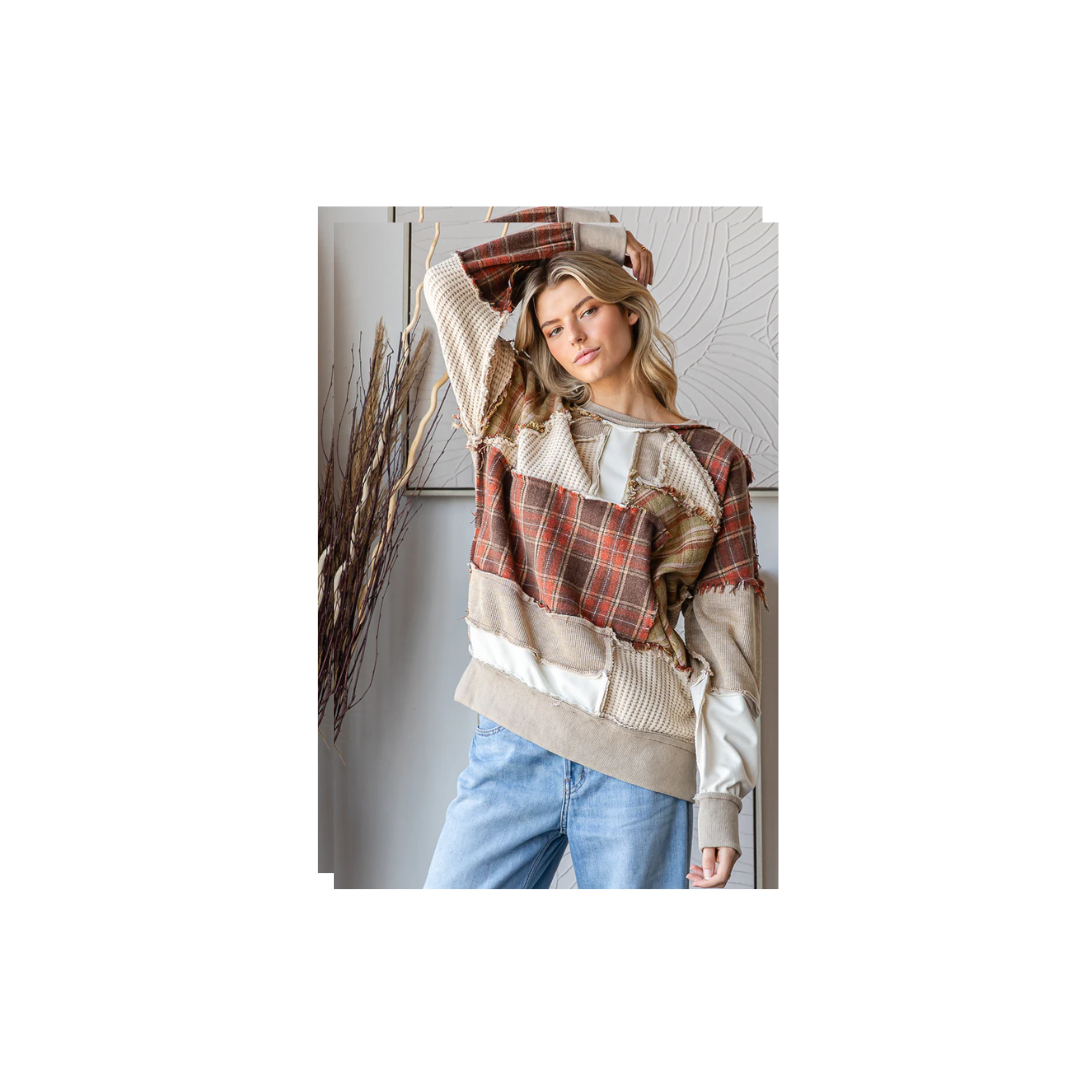 Oli & Hali WASHED PLAID MIX PATCHWORK PULLOVER KNIT TOP