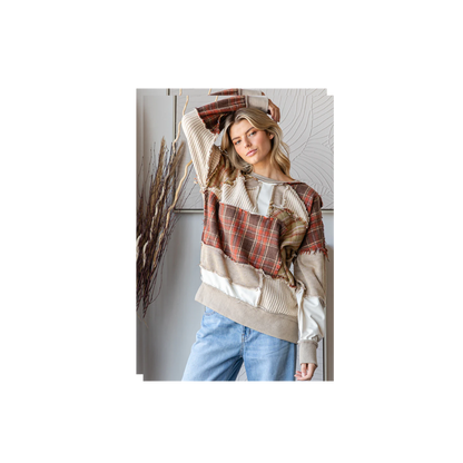 Oli & Hali WASHED PLAID MIX PATCHWORK PULLOVER KNIT TOP