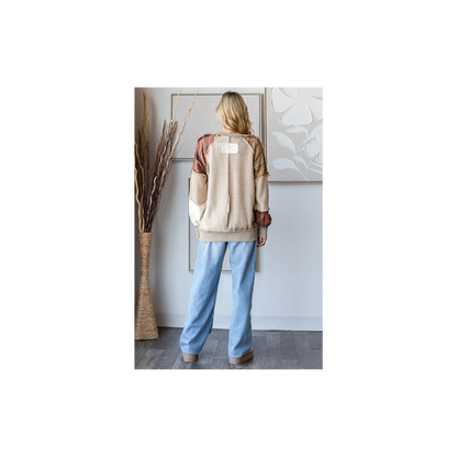 Oli & Hali WASHED PLAID MIX PATCHWORK PULLOVER KNIT TOP