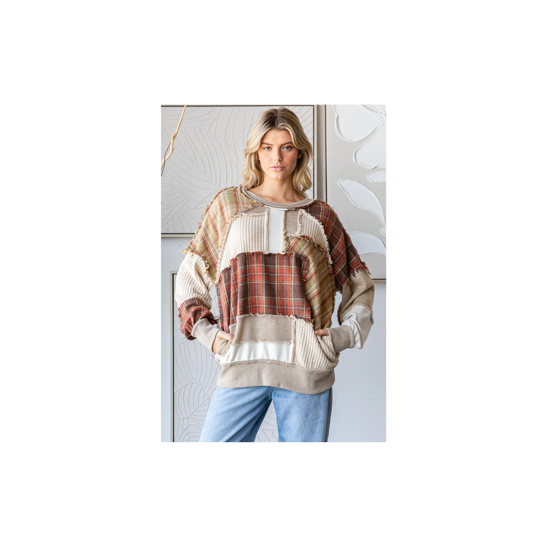 Oli & Hali WASHED PLAID MIX PATCHWORK PULLOVER KNIT TOP