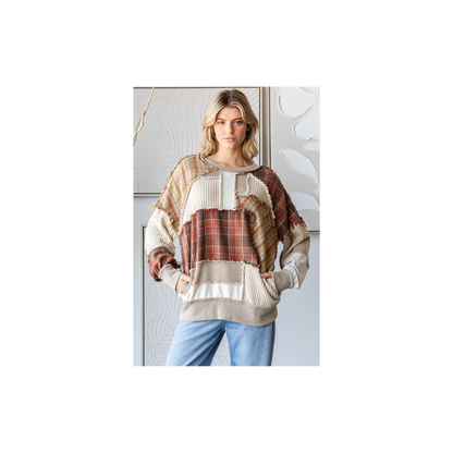 Oli & Hali WASHED PLAID MIX PATCHWORK PULLOVER KNIT TOP
