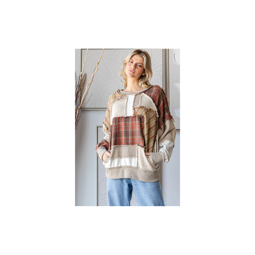 Oli & Hali WASHED PLAID MIX PATCHWORK PULLOVER KNIT TOP