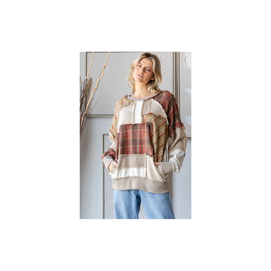 Oli & Hali WASHED PLAID MIX PATCHWORK PULLOVER KNIT TOP