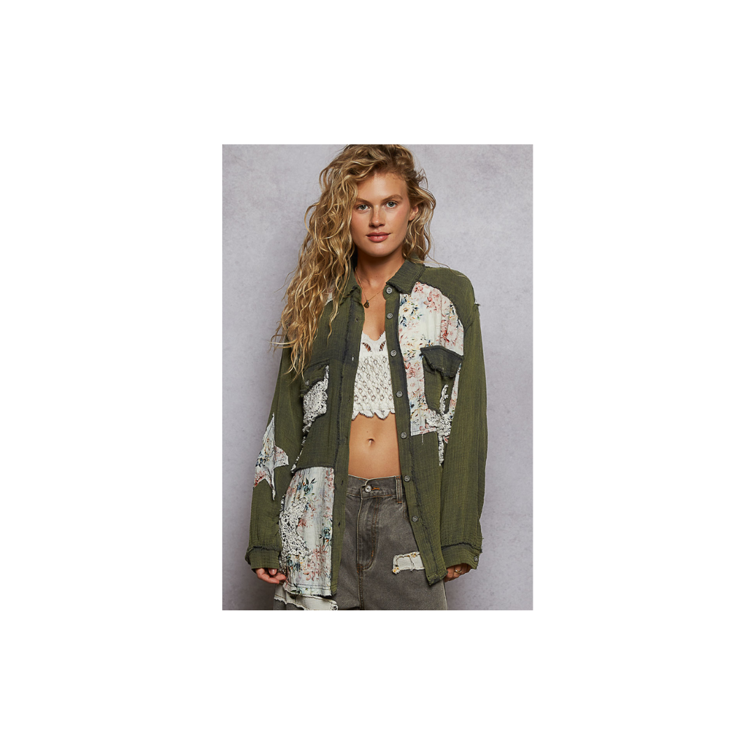 POL Olive Patchwork Lightweight Cardigan