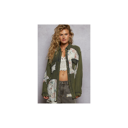 POL Olive Patchwork Lightweight Cardigan