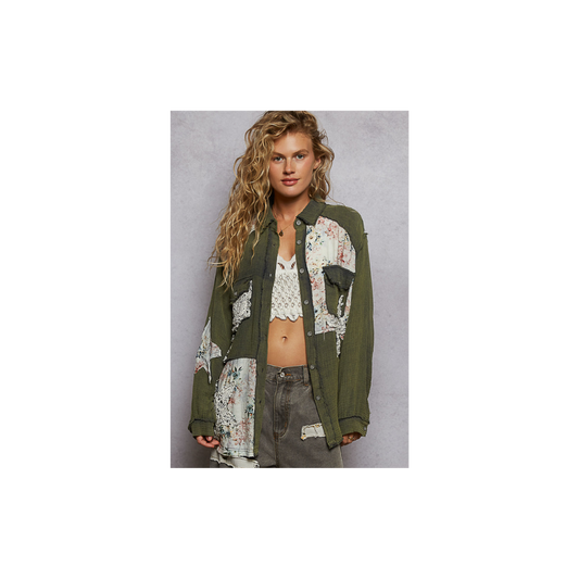 POL Olive Patchwork Lightweight Cardigan