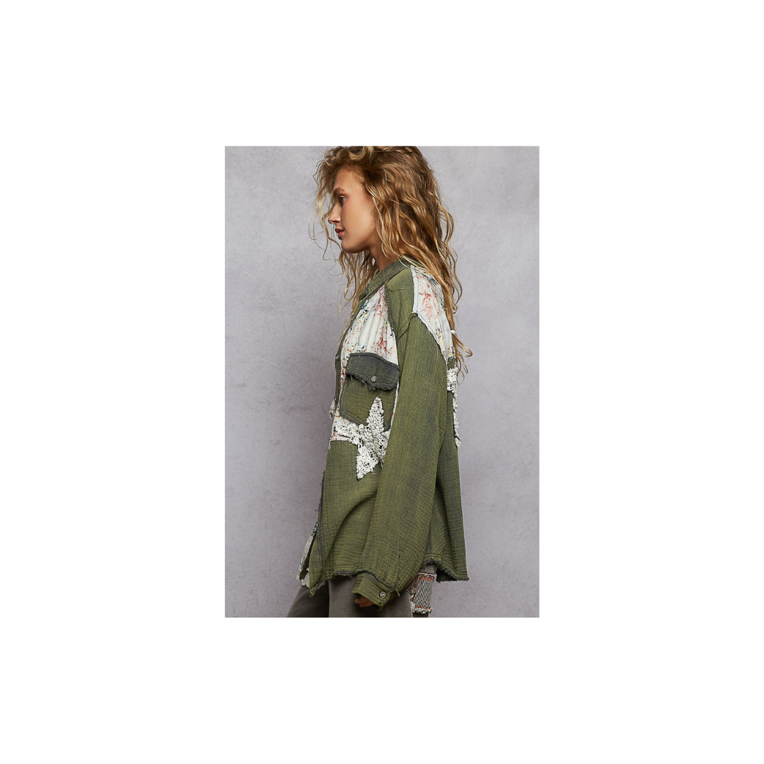 POL Olive Patchwork Lightweight Cardigan