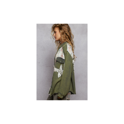 POL Olive Patchwork Lightweight Cardigan