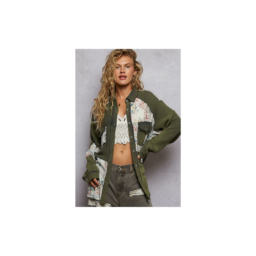 POL Olive Patchwork Lightweight Cardigan