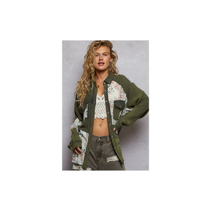 POL Olive Patchwork Lightweight Cardigan