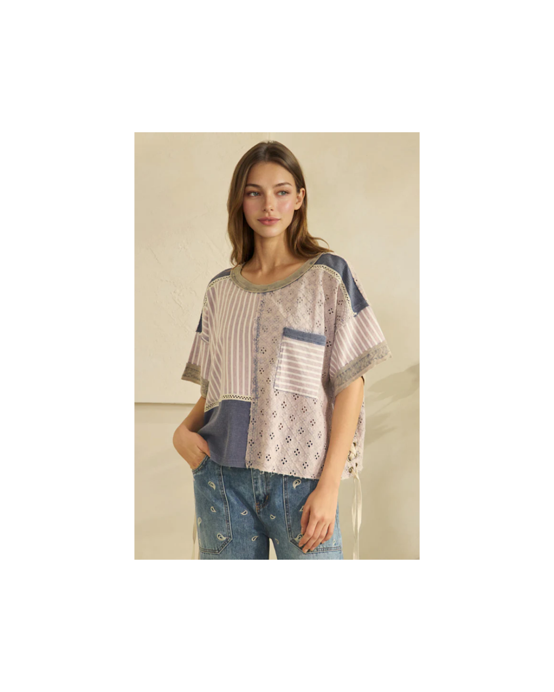 Oli & Hali WASHED CROCHET AND STRIPE MIX LACE UP SIDE AND BACK TOP