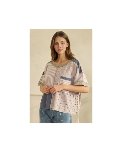 Oli & Hali WASHED CROCHET AND STRIPE MIX LACE UP SIDE AND BACK TOP