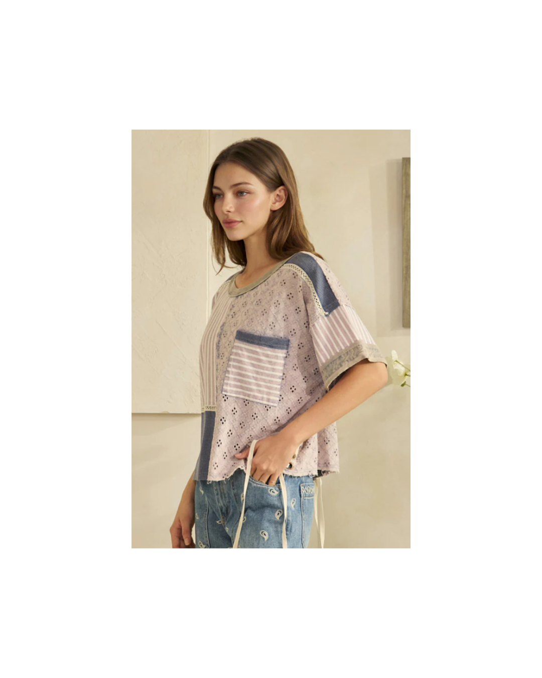 Oli & Hali WASHED CROCHET AND STRIPE MIX LACE UP SIDE AND BACK TOP