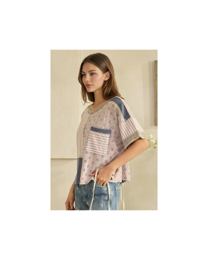 Oli & Hali WASHED CROCHET AND STRIPE MIX LACE UP SIDE AND BACK TOP