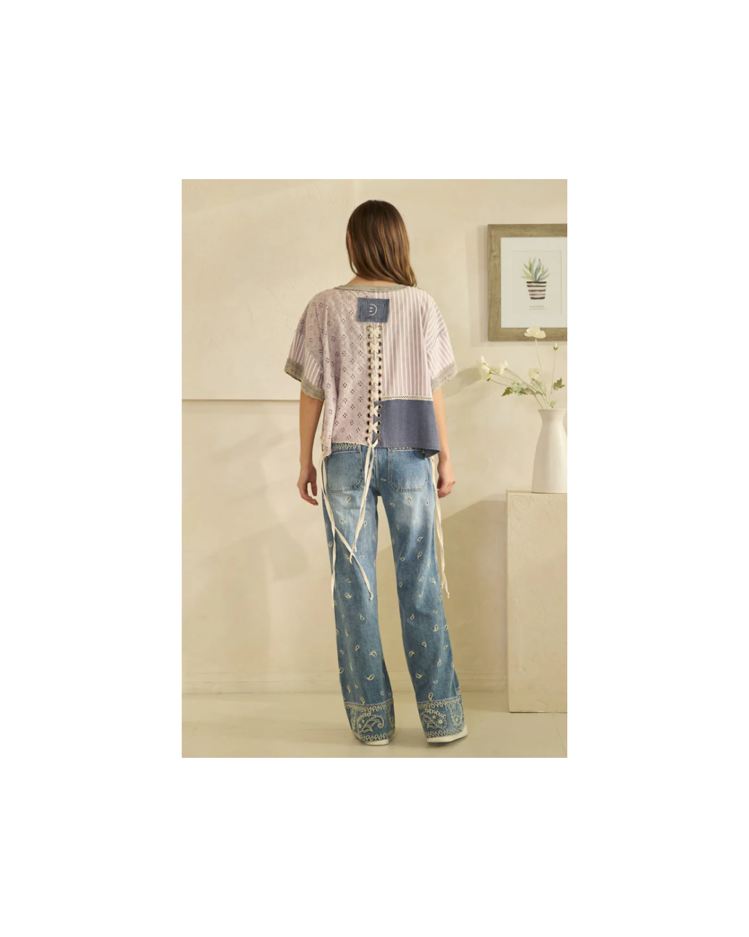 Oli & Hali WASHED CROCHET AND STRIPE MIX LACE UP SIDE AND BACK TOP