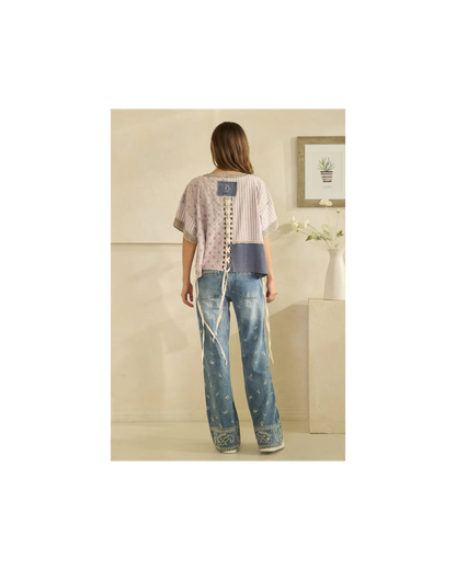 Oli & Hali WASHED CROCHET AND STRIPE MIX LACE UP SIDE AND BACK TOP