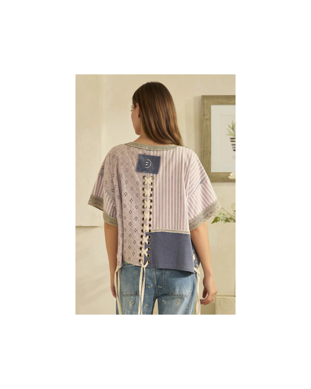 Oli & Hali WASHED CROCHET AND STRIPE MIX LACE UP SIDE AND BACK TOP