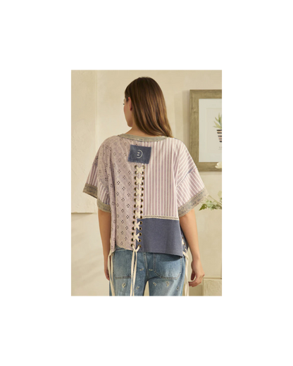 Oli & Hali WASHED CROCHET AND STRIPE MIX LACE UP SIDE AND BACK TOP