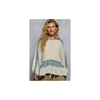 POL Round Neck Balloon Sleeve Ruffle Top