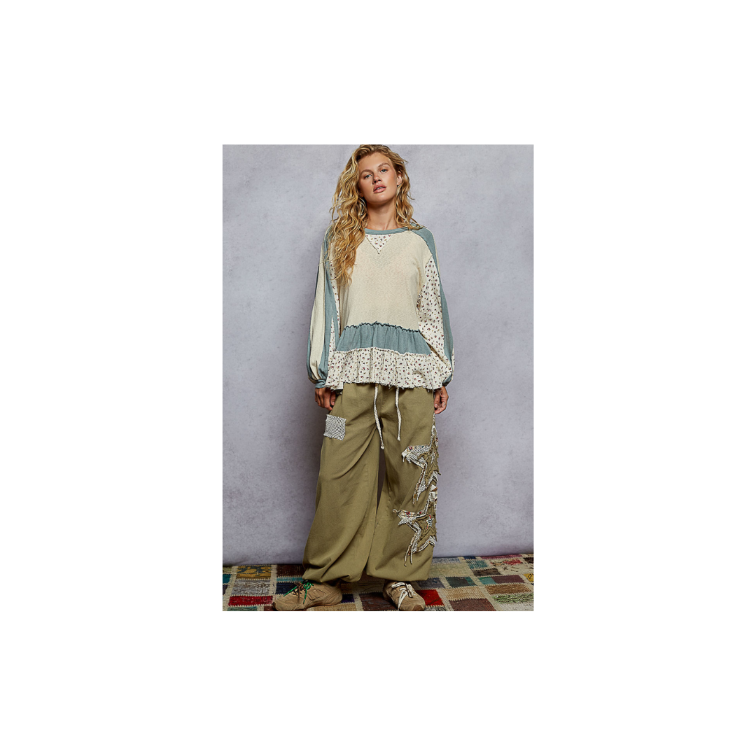 POL Round Neck Balloon Sleeve Ruffle Top